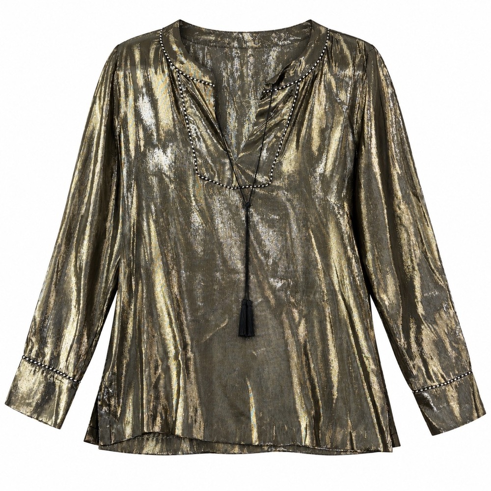 J.Crew Silk Metallic Tunic Blouse Size 6 Gold Glam Tassel Cocktail Evening Luxe